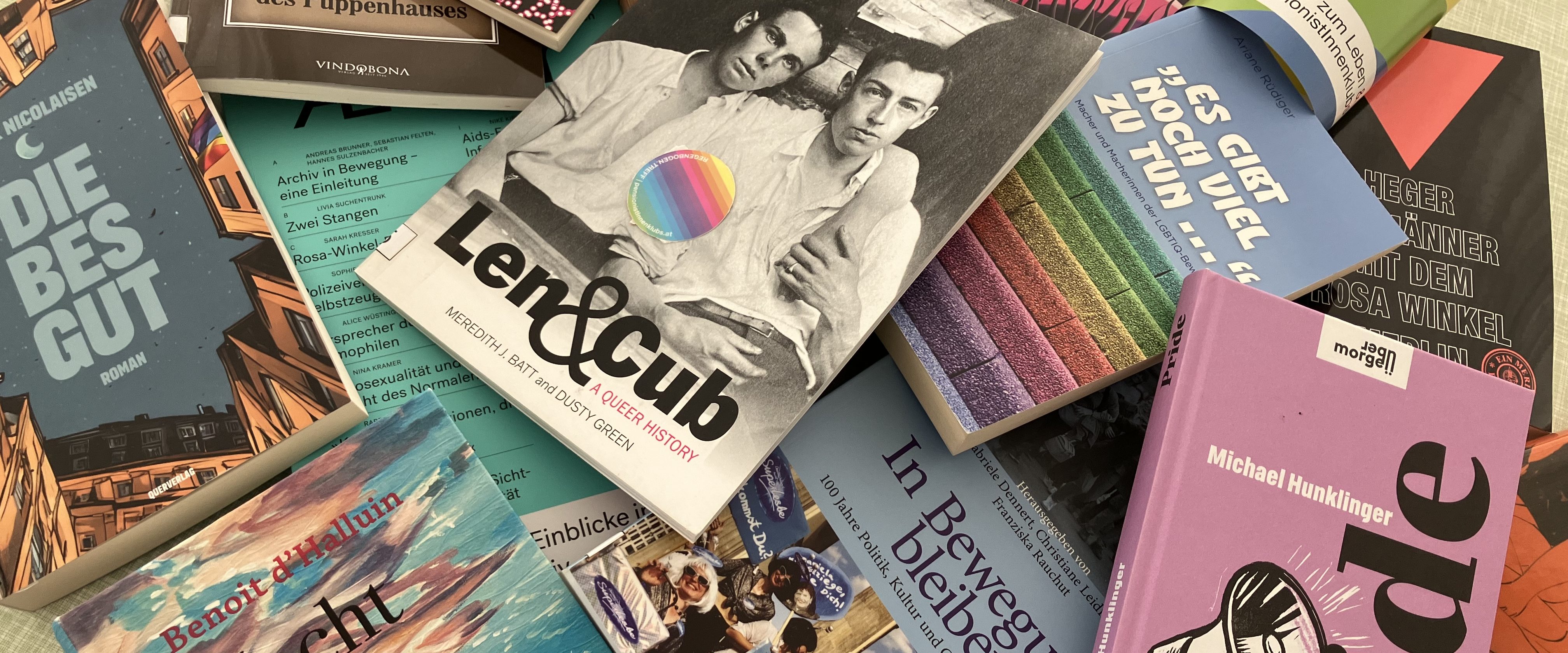 bunte Magazine und Bücher zum Thema LQBTIQ* liegen verteilt auf einem Tisch