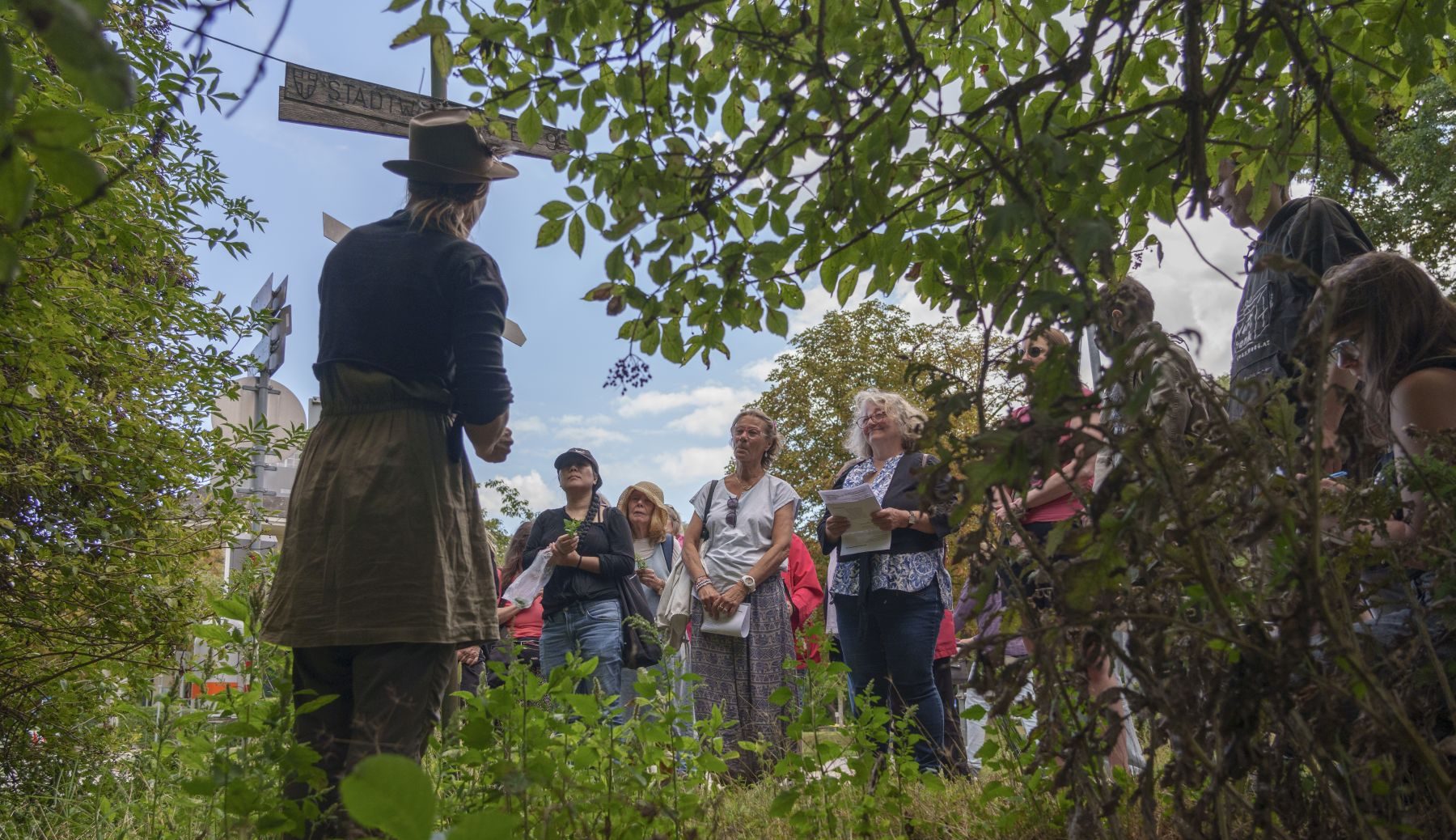 Eine Kräuterpädagogin (von hinten) und Teilnehmer*innen an der singenden Kräuterwanderung stehen im Grünen.