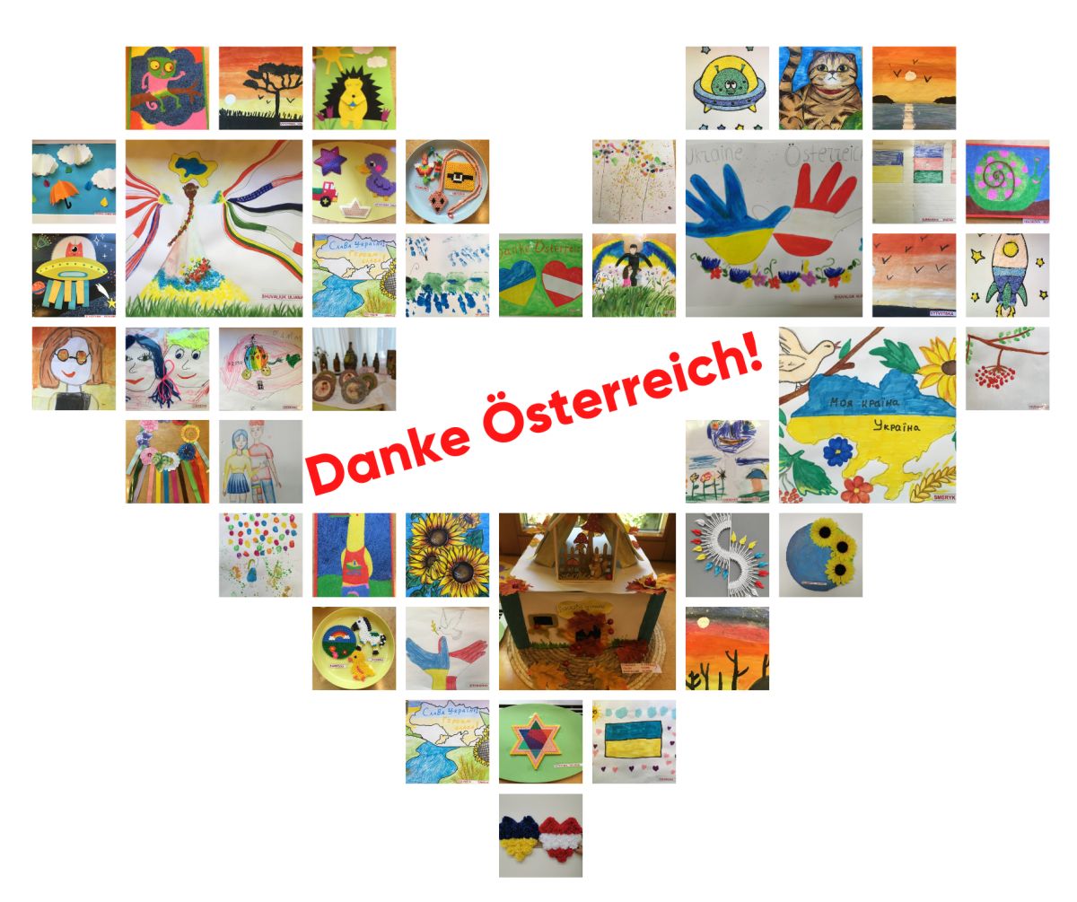 Zeichnungen von ukrainischen Kindern als Collage in Herzform. In der Mitte steht "Danke Österreich!"