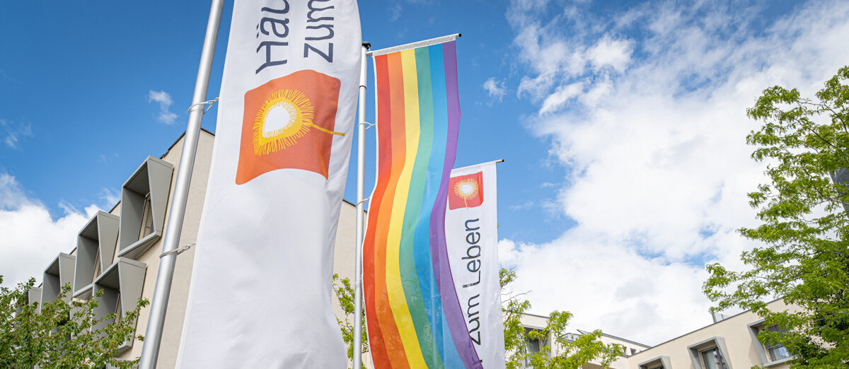 Fahnen "Häuser zum Leben" und eine Regenbogen-Flagge vor dem Haus Döbling