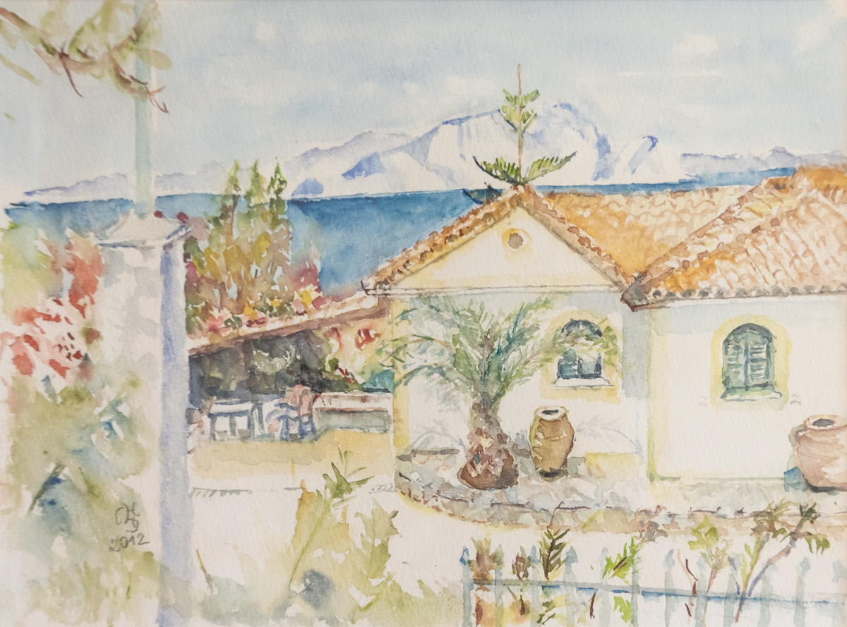 Gemälde von Christine Dratva mit einem Haus, Meer und Berg im Süden.