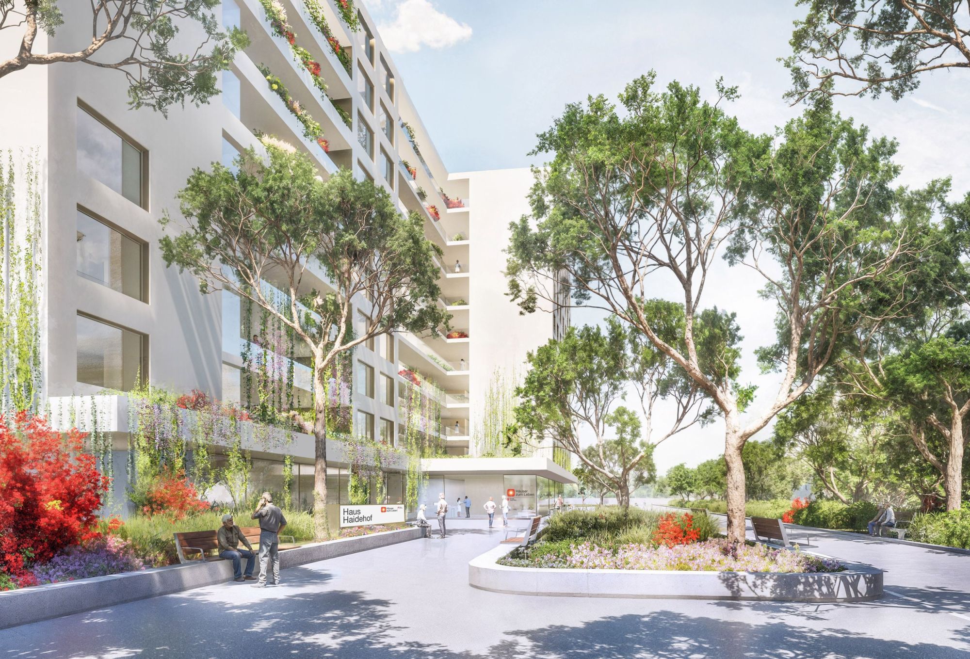 Rendereing vom neuen Haus Haidehof mit Vorplatz mit Bäumen.