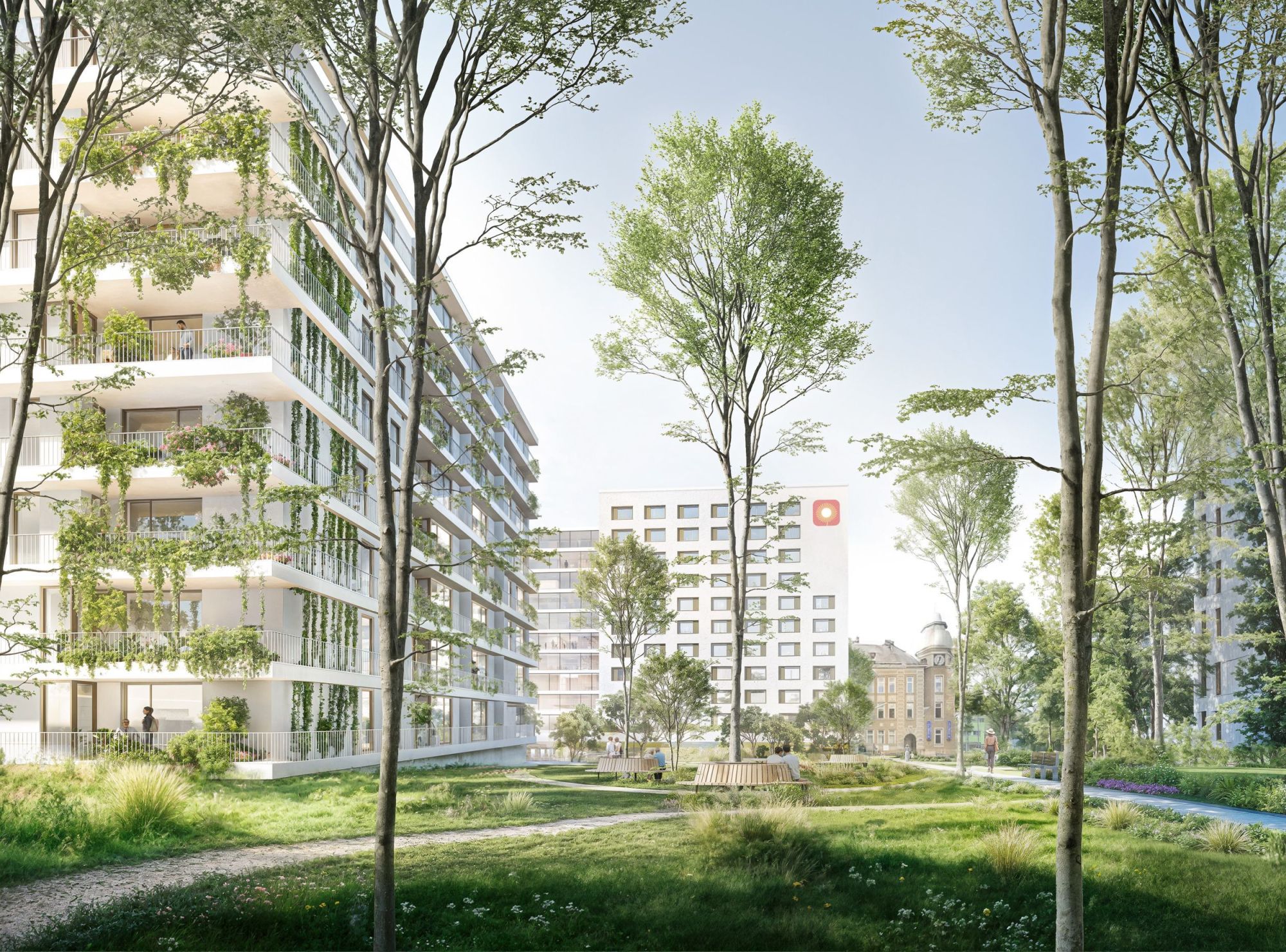 Rendering Haus Haidehof mit Park, Bäumen, Bänken.