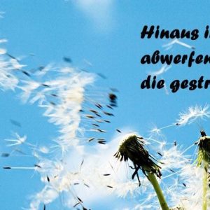 Blauer Himmel mit Wolken und Löwenzahn im Wind. Aufschrift: Hinaus in den Wind abwerfen die gestricte Haube!